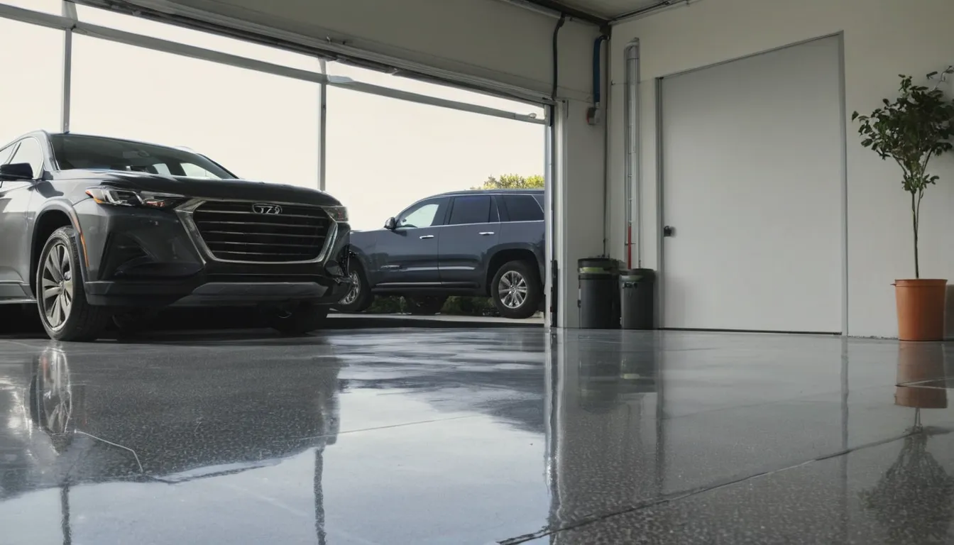 A freshly coated garage floor in a Cedar Lake home with a car parked on it
